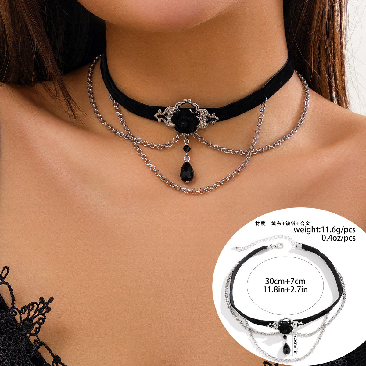 Gargantilla Punk Gótica de Encaje Negro con Colgante de Lágrima y Detalles de Borlas para Mujer