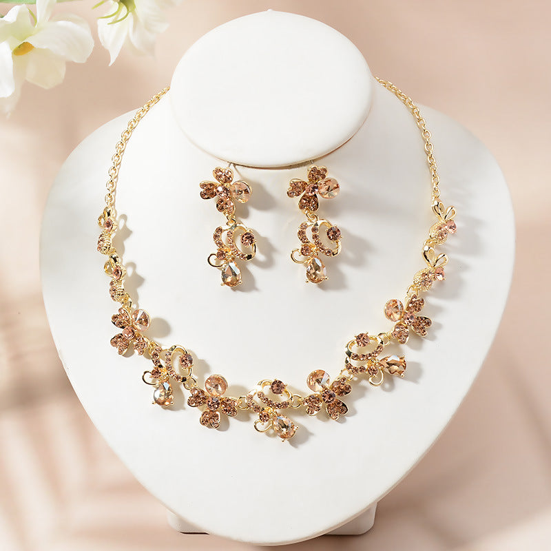 Elegant Floral Rhinestone Plated Necklace and Earring Set for Women Wedding Party