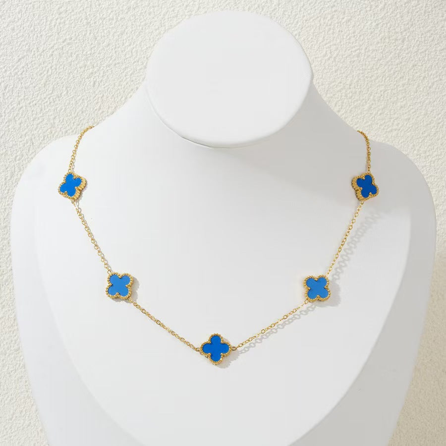 Elegant 9mm Four-Leaf Clover Floral Acrylic Pendant Gold Plated Titanium Steel Necklace for Women