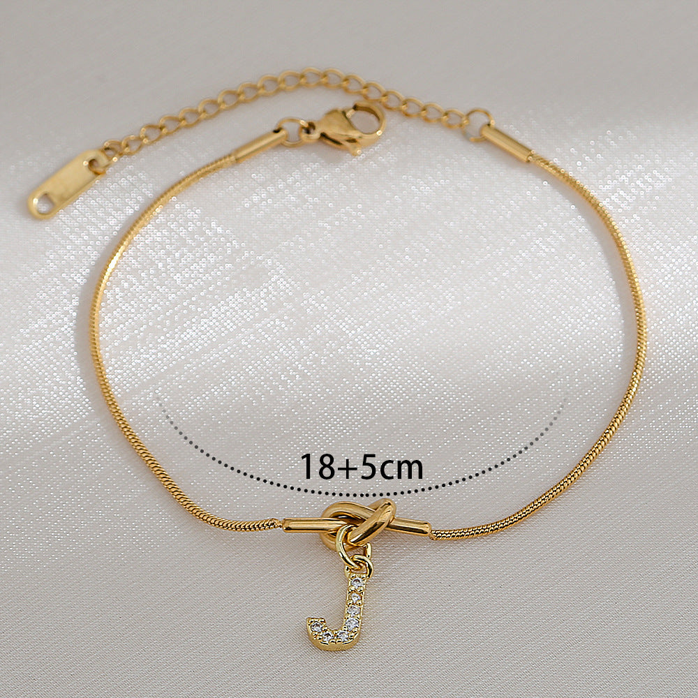 18K Gold Plated Stainless Steel Letter Heart Knot Charm Bar Bracelet for Women