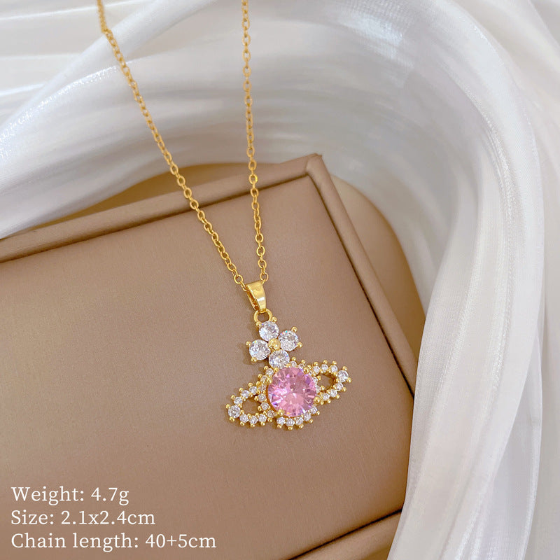 Collana in Stile Cartone Animato con Cuore in Acciaio al Titanio con Pendente in Rame e Intarsio di Strass per Donne e Uomini