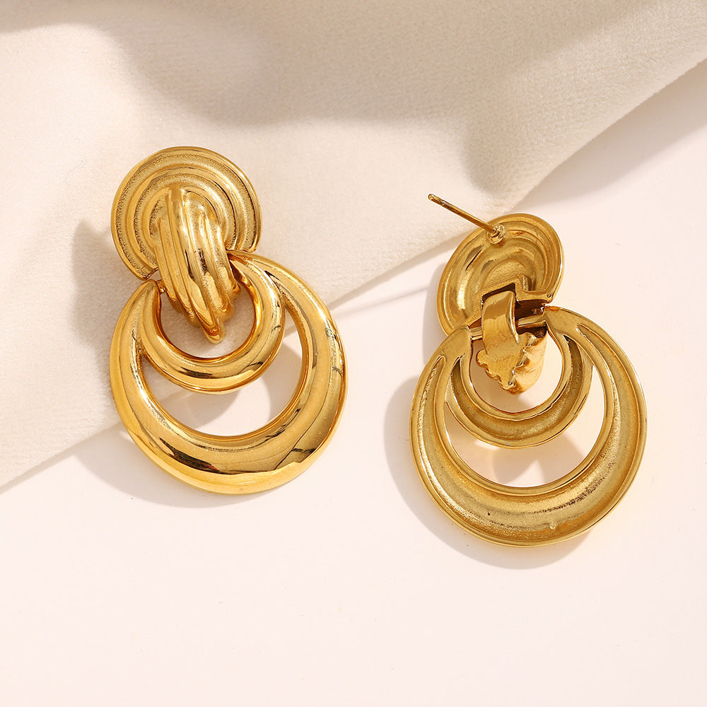 Minimalist Geometric Stainless Steel Earrings with 18K Gold Plating Double Hoop Design