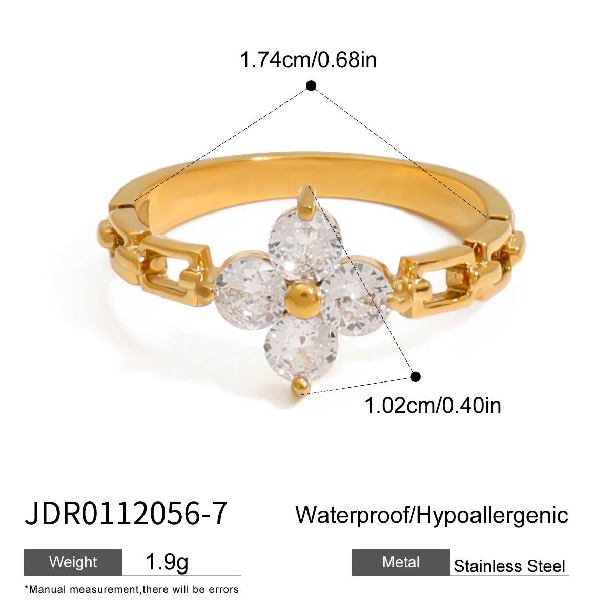 Elegant Geometric Four-Leaf Clover Stainless Steel Ring with Cubic Zirconia Plating for Women