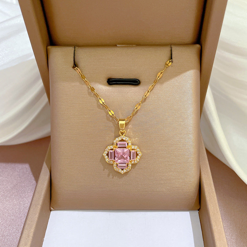 Elegant Floral-Shaped Titanium Steel Necklace with Micro-Paved Zirconia for Women, Delicate Clavicle Chain