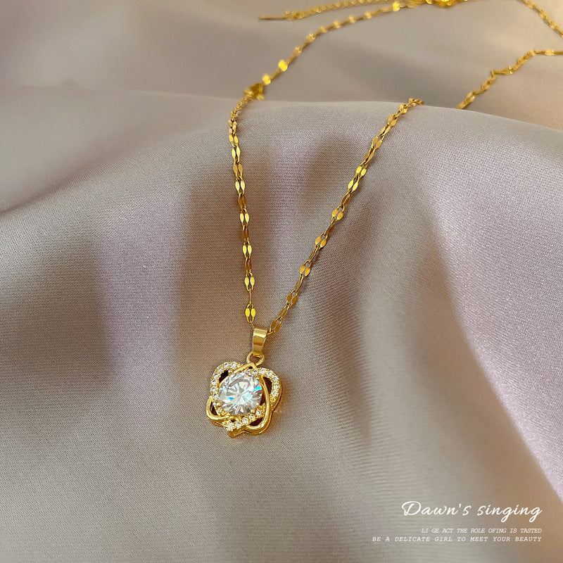 Luxury Titanium Steel Heart-Shaped Micro-Paved Necklace for Women Delicate Clavicle Chain with Geometric Design
