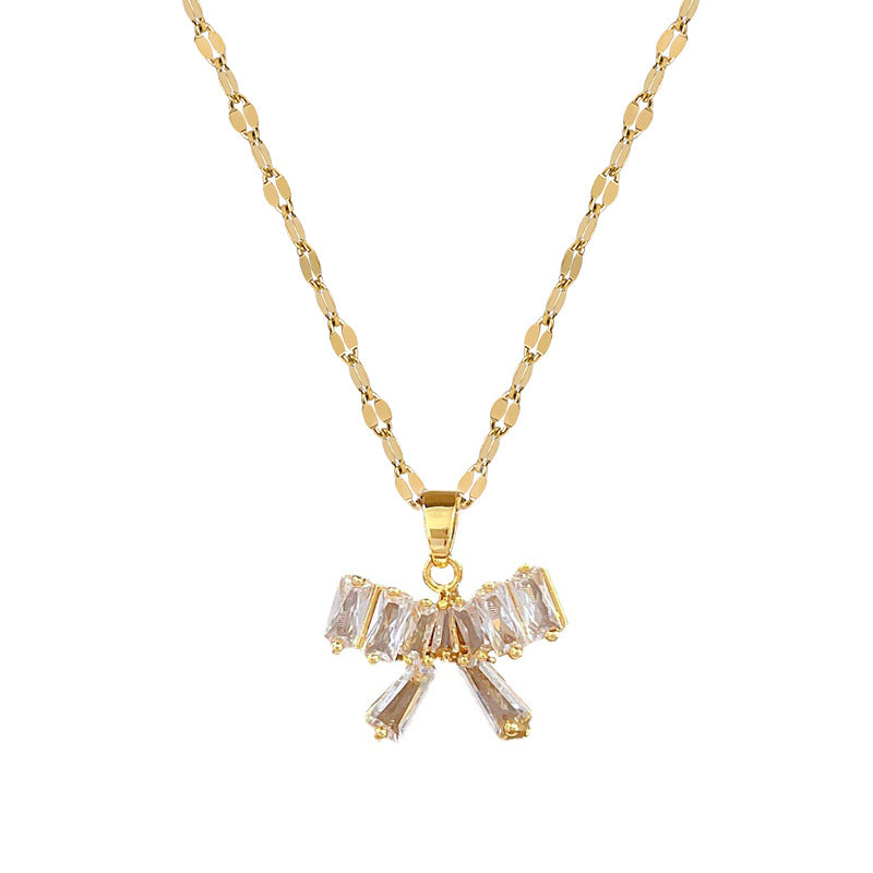 Luxury Titanium Steel Butterfly Knot Pendant Necklace and Earrings Set with Rhinestone Inlay for Women Formal Events