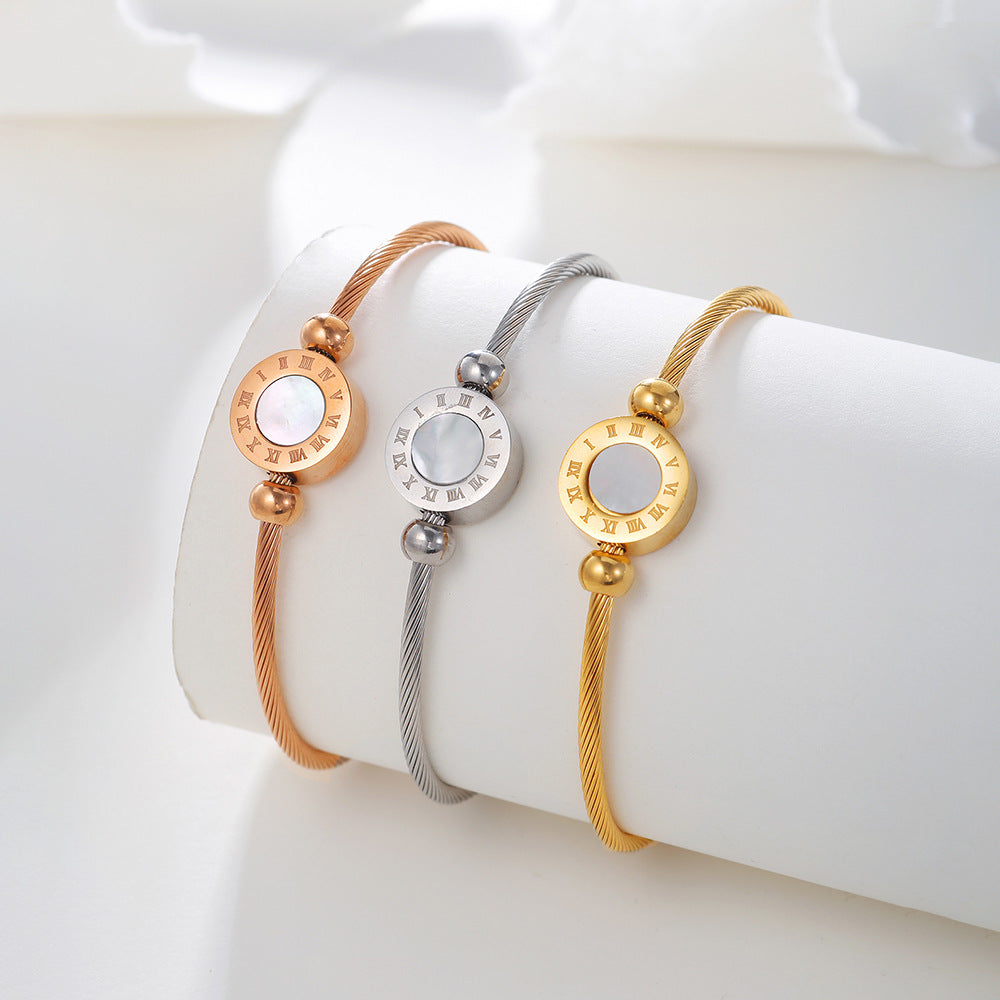 Adjustable Geometric Round Stainless Steel Cuff Bracelet with Shell Inlay