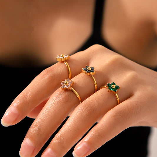 Anello aperto floreale da donna in acciaio inossidabile con intarsio di strass, finitura placcata, lusso leggero stile francese