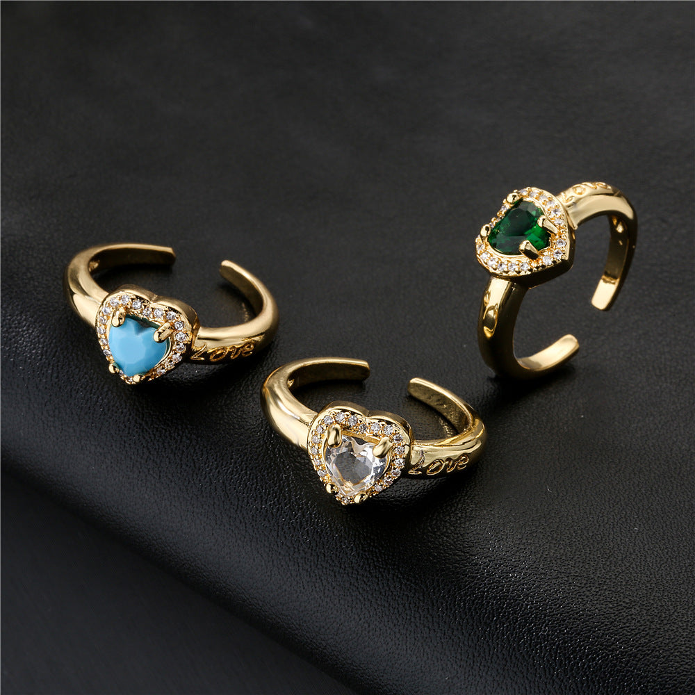 Gold Plated Brass Micro-Inlaid Cubic Zirconia Heart Geometric Ring for Women