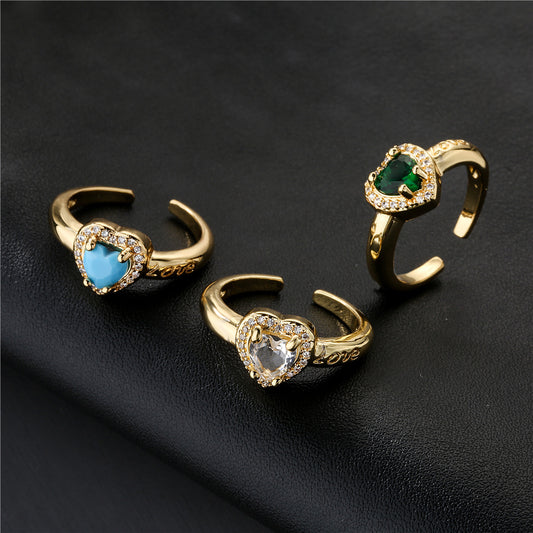 Gold Plated Brass Micro-Inlaid Cubic Zirconia Heart Geometric Ring for Women