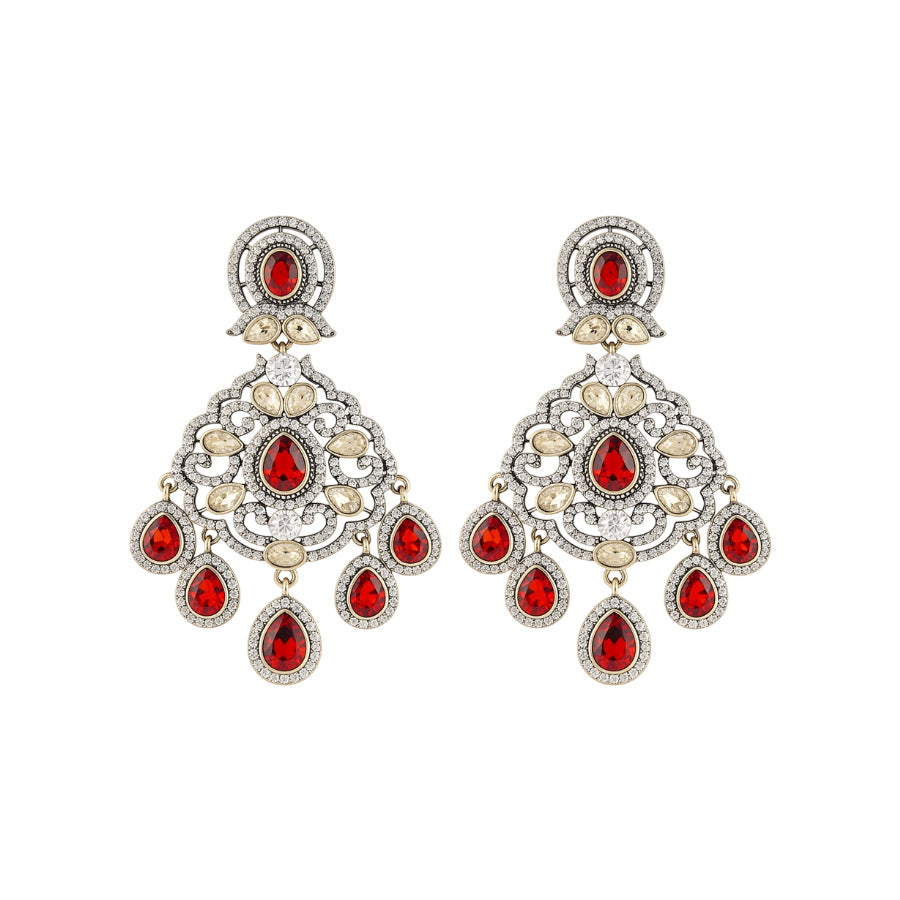 Orecchini pendenti geometrici stile vintage con intarsio in strass, base in lega e perni in acciaio inossidabile da donna