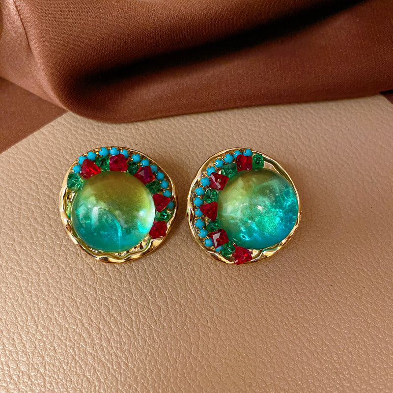 Vintage Green Rhinestone Butterfly Pearl Earrings with Stainless Steel Posts for Women