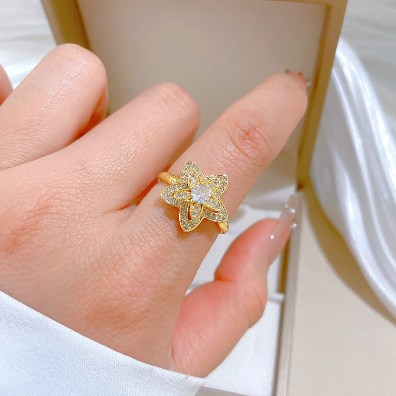Minimalist Sweet Gold Plated Brass Floral Rotatable Adjustable Ring for Women and Couples