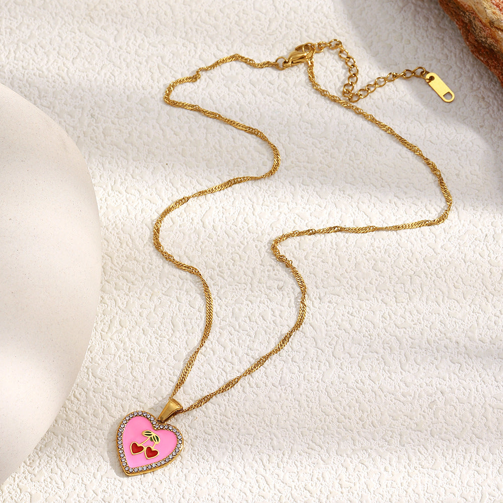 Luxury French-Inspired Cherry Heart Pendant Necklace in Stainless Steel with 18K Gold Plating and Enamel Finish