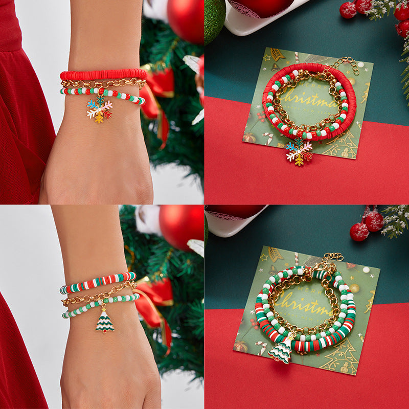 Set di braccialetti natalizi fatti a mano in argilla polimerica con ciondoli a forma di fiocco di neve, albero e Babbo Natale per coppie