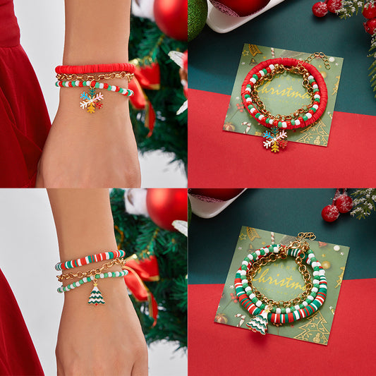Set de pulseras navideñas de arcilla polimérica hechas a mano con colgante de copo de nieve, árbol y Papá Noel para parejas