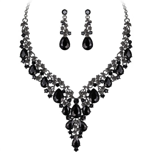 Juego de collar y pendientes de gota de agua Fashion OL para mujer con incrustaciones de pedrería en cadena O para vestido de novia de noche y ocasiones formales