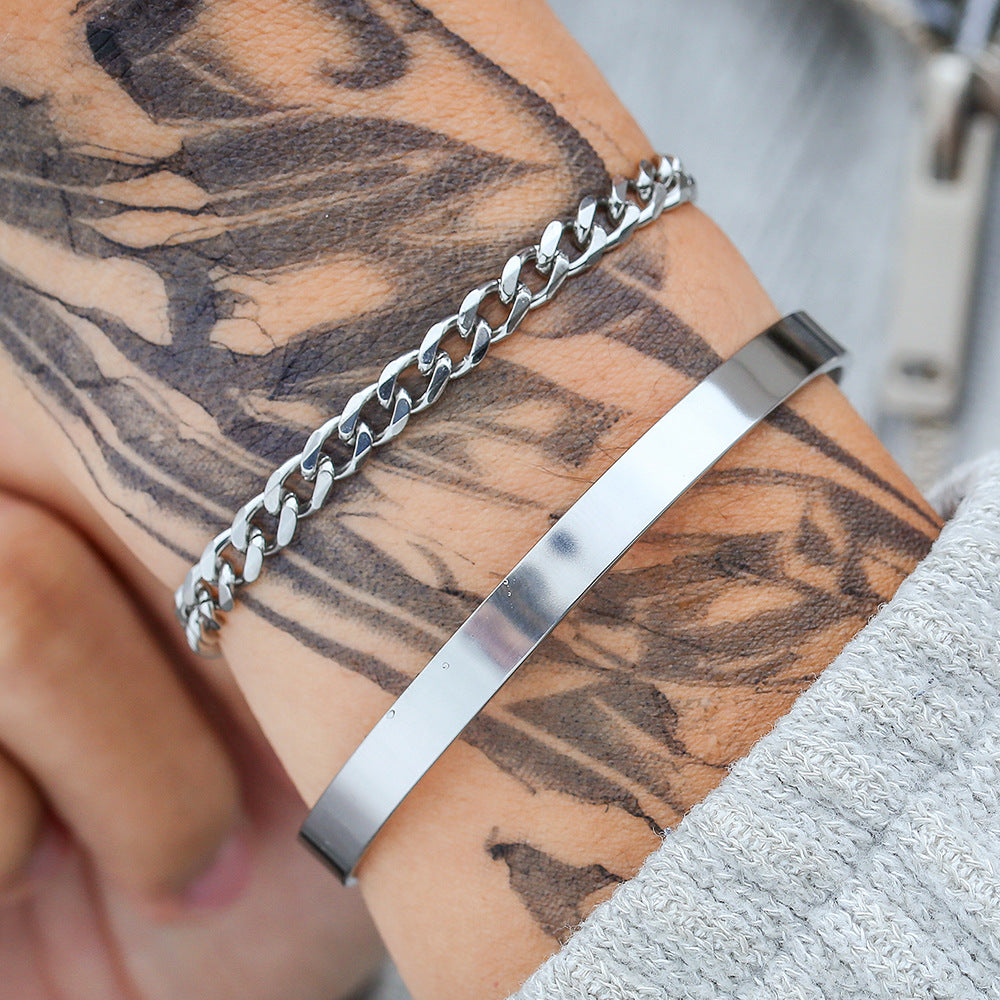 Hip-hop Round Stainless Steel Cuban Link Chain Open Cuff Bracelet for Men and Women