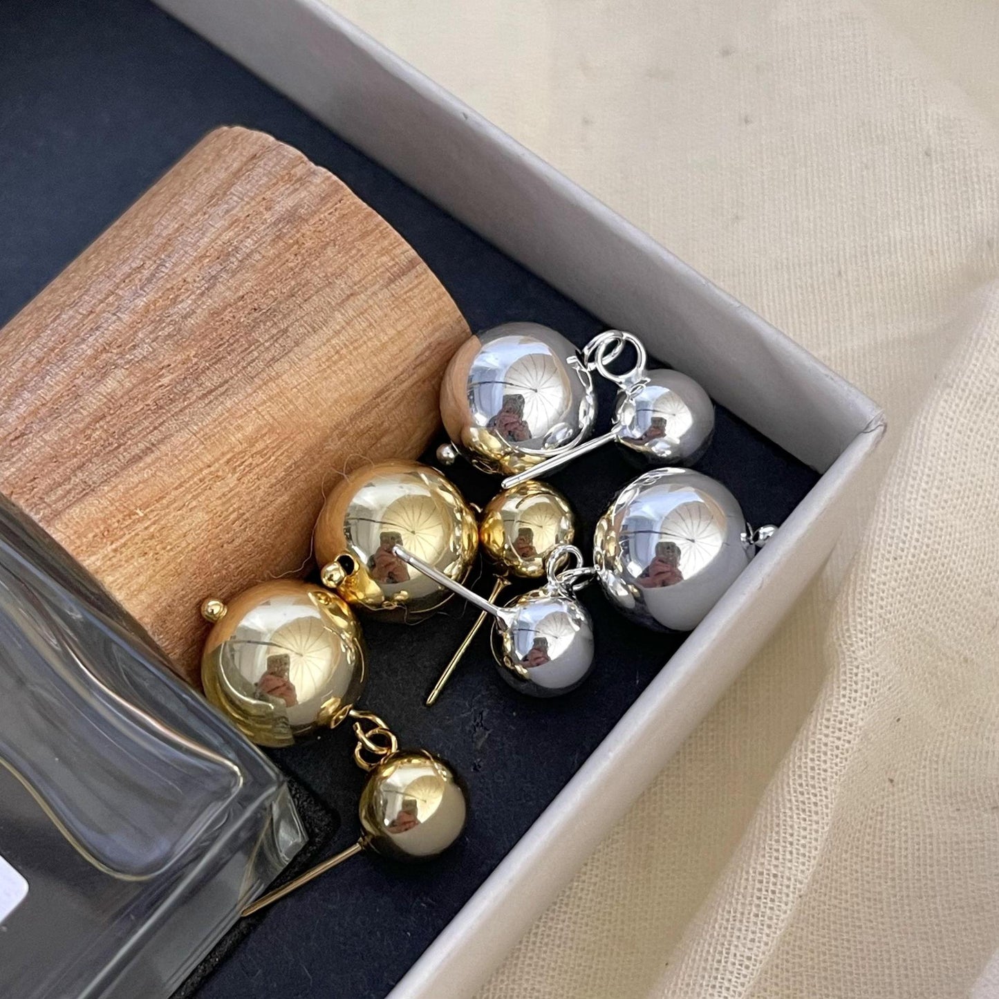 Minimalist Round Bead Stud Earrings in 925 Sterling Silver with Geometric Faceted Cubic Design