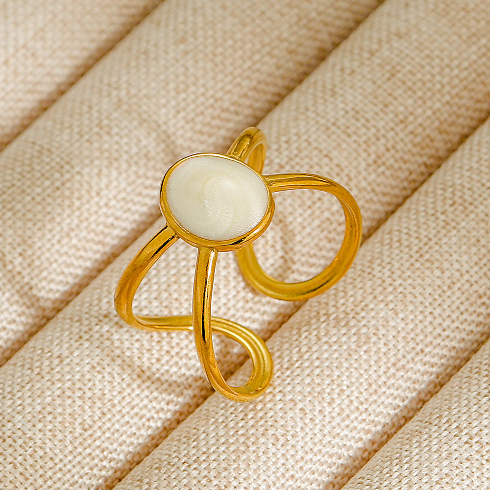 Vintage INS Style Stainless Steel Adjustable Ring with Natural Stone Inlay in Geometric Heart Zodiac and Animal Shapes