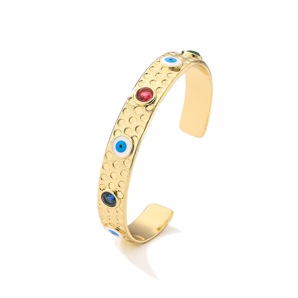 Bohemian Style Geometric Open Cuff Bracelet for Women with Copper Base Plated in Real Gold and Enamel Eye Design with Micro-Pave Zirconia