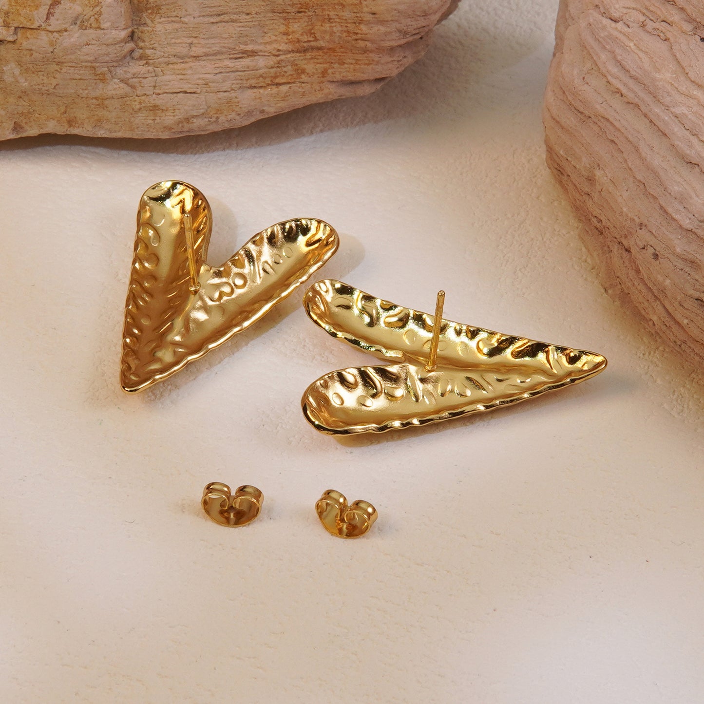 18K Gold Plated Stainless Steel Hammered V-Shape Heart Earrings