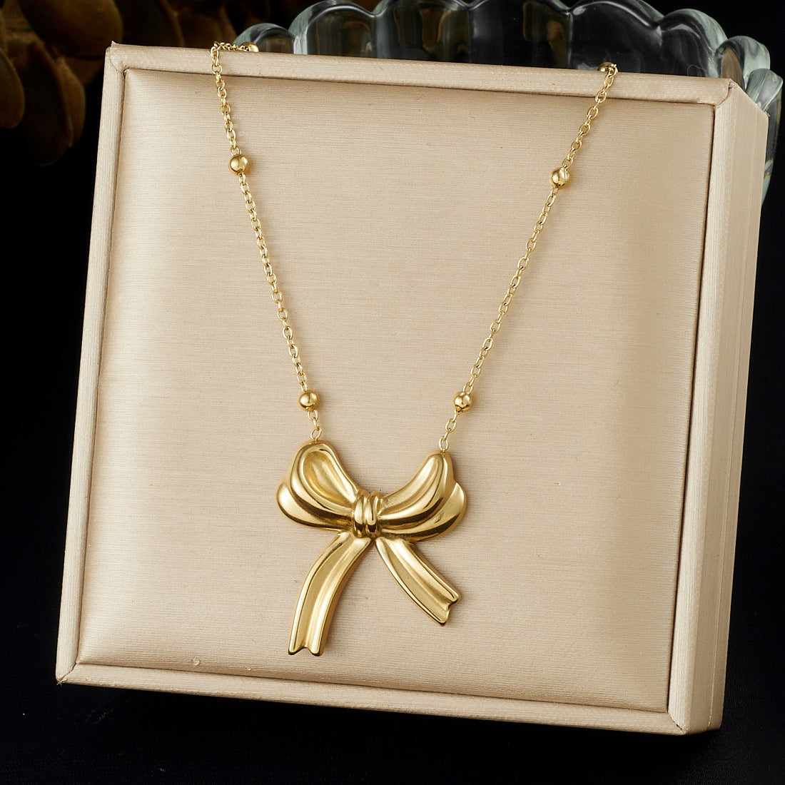 Irregular Bow Knot Heart Pendant Plated Stainless Steel Necklace with Chain Tassel for Women