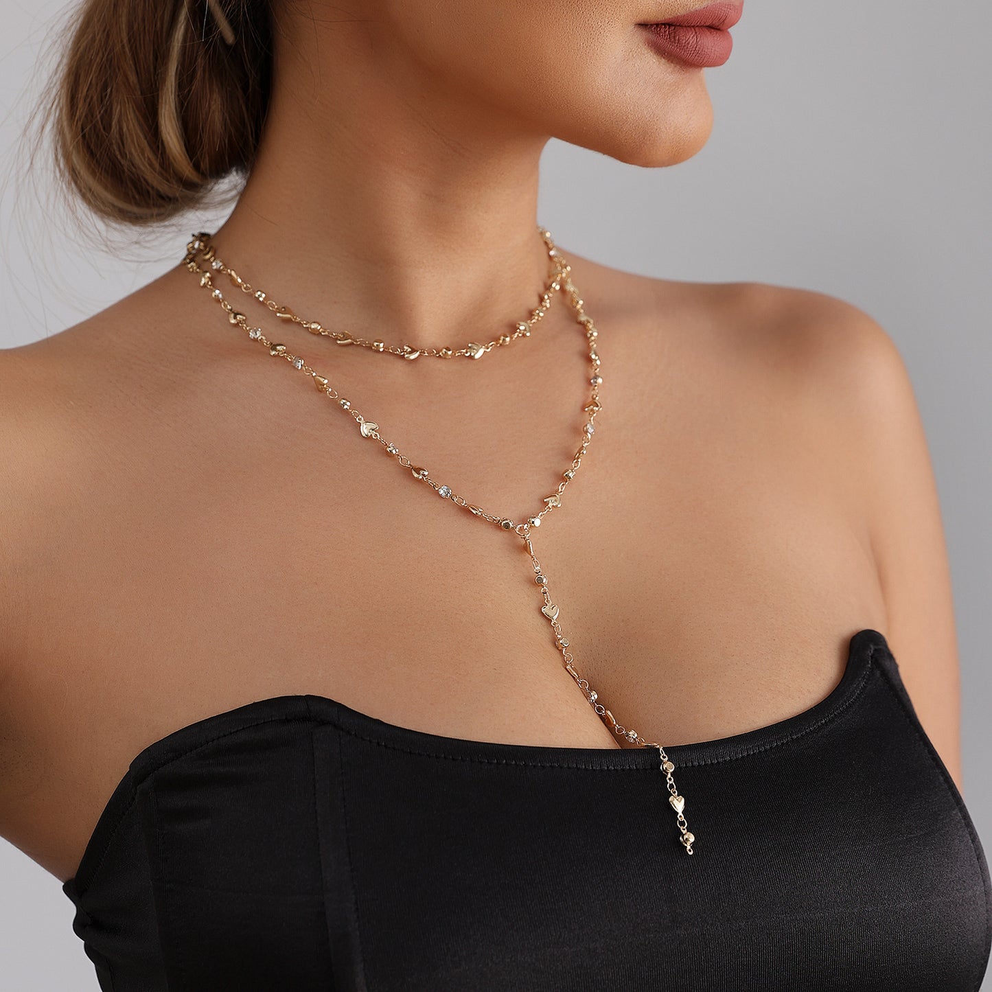 Fashion Heart Geometric Rhinestone Plated Alloy Y-Shape Necklace for Women