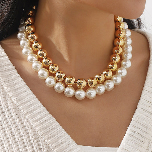 Punk Style Geometric Beaded Choker Necklace with Imitation Pearls and Plated Finish for Women