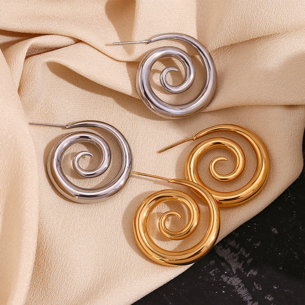 Minimalist Geometric Stainless Steel Ear Studs with 18K Gold Plating and Smoky Spiral Design for Women
