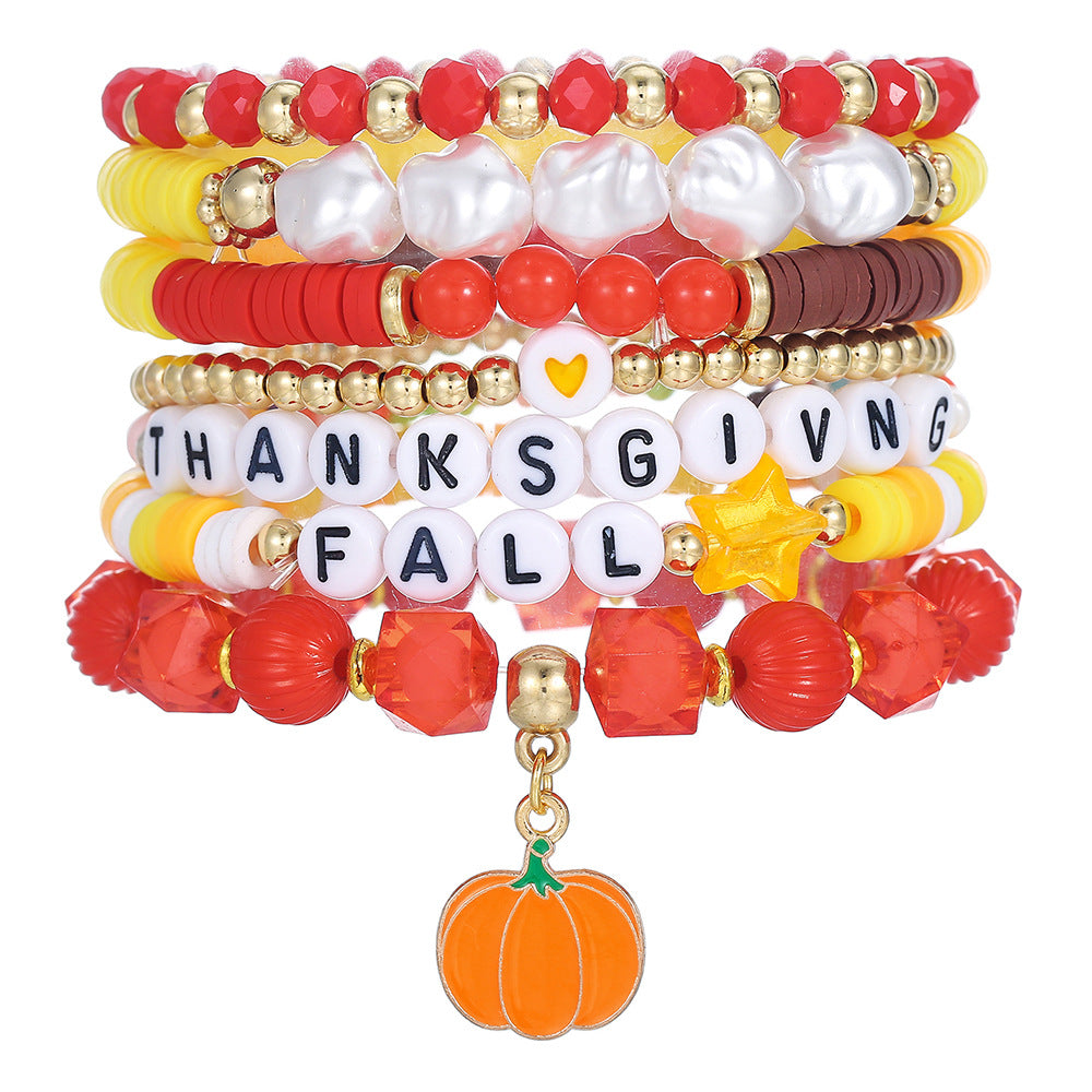 Geometric Resin Brass Acrylic Bracelet Set with Turkey Maple Leaf Pumpkin Letter Charms