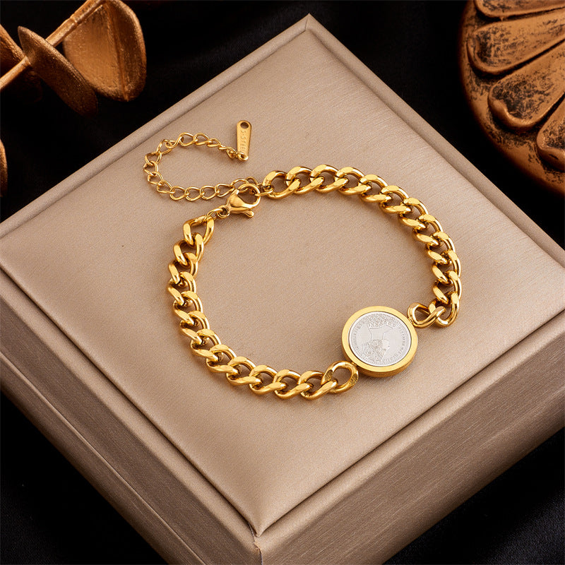 Fashionable Vintage-Inspired Titanium Steel Bracelet with Rhinestone-Inlaid Star and Round Pendant for Women