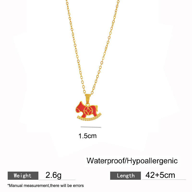Sweet Sporty Micro-Paved Cubic Zirconia Red Horse Animal Pendant Titanium Steel Necklace with Matching Earrings