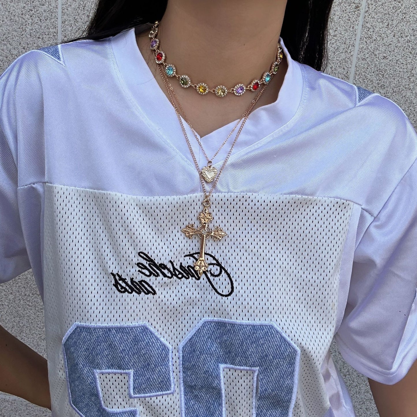 Casual Geometric Cross and Heart Rhinestone Inlay Alloy Pendant Necklace for Women
