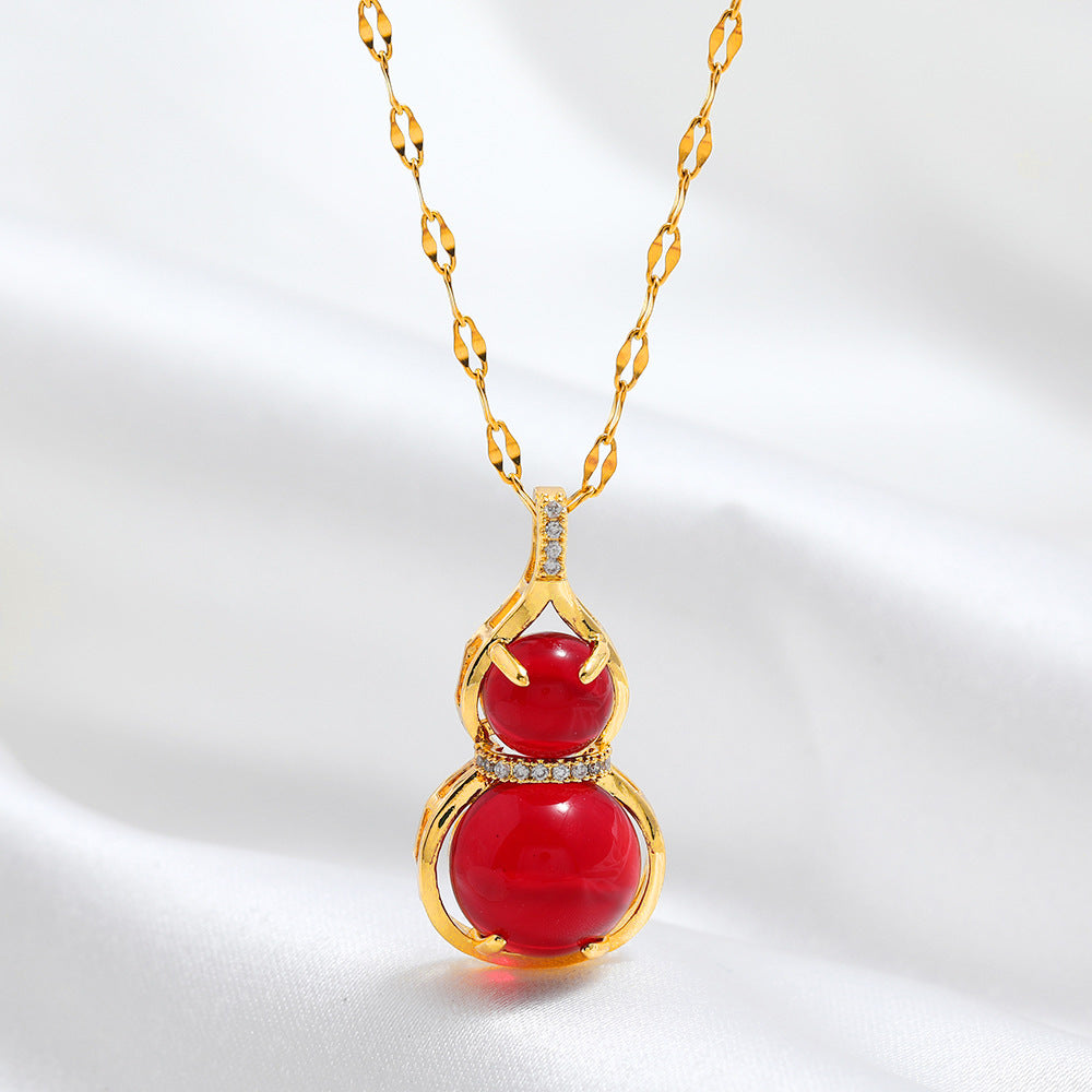 Minimalist Red Calabash-Shaped Titanium Steel Pendant Necklace with Plated Finish for Women