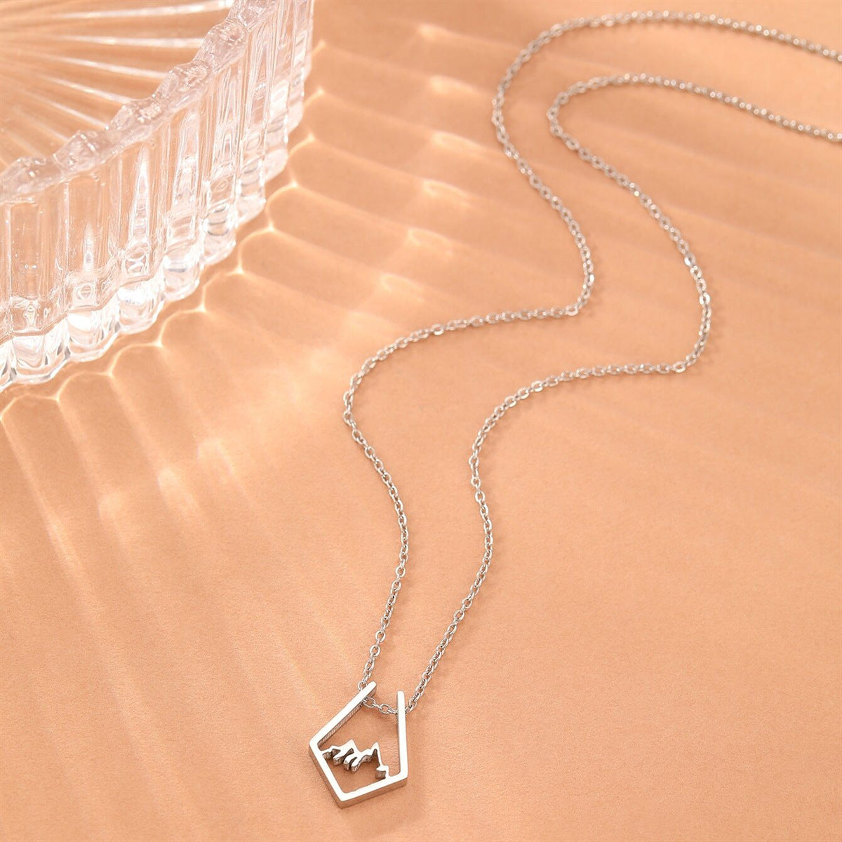 Natural Style Geometric Hollow Mountain Silhouette Pendant Necklace in Titanium Steel with Plated Finish on Pearl Chain for Everyday Wear and Holiday Gifting