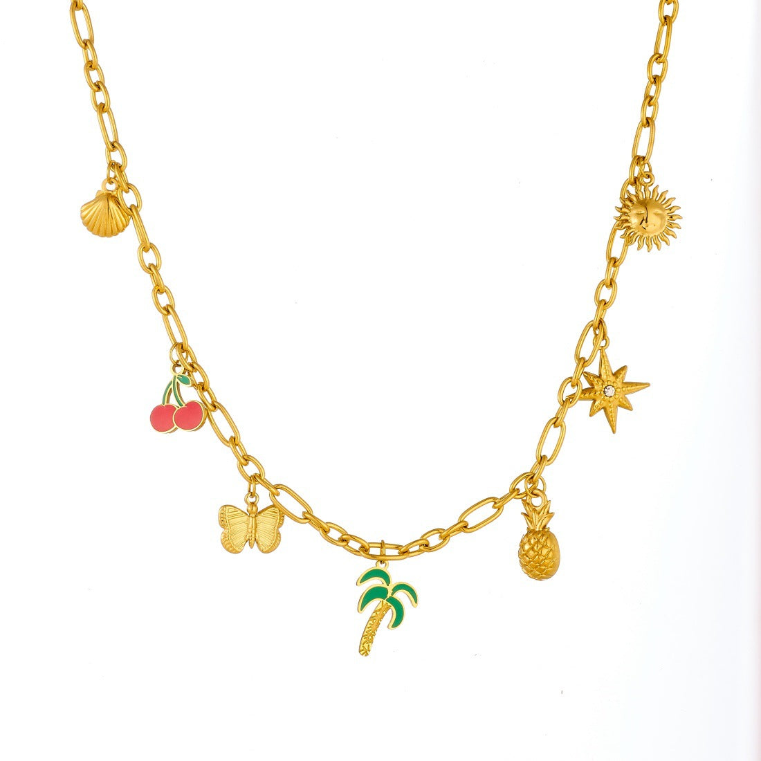 Sweet Drip Oil Stainless Steel Butterfly Plant Pendant Necklace with Cable Chain