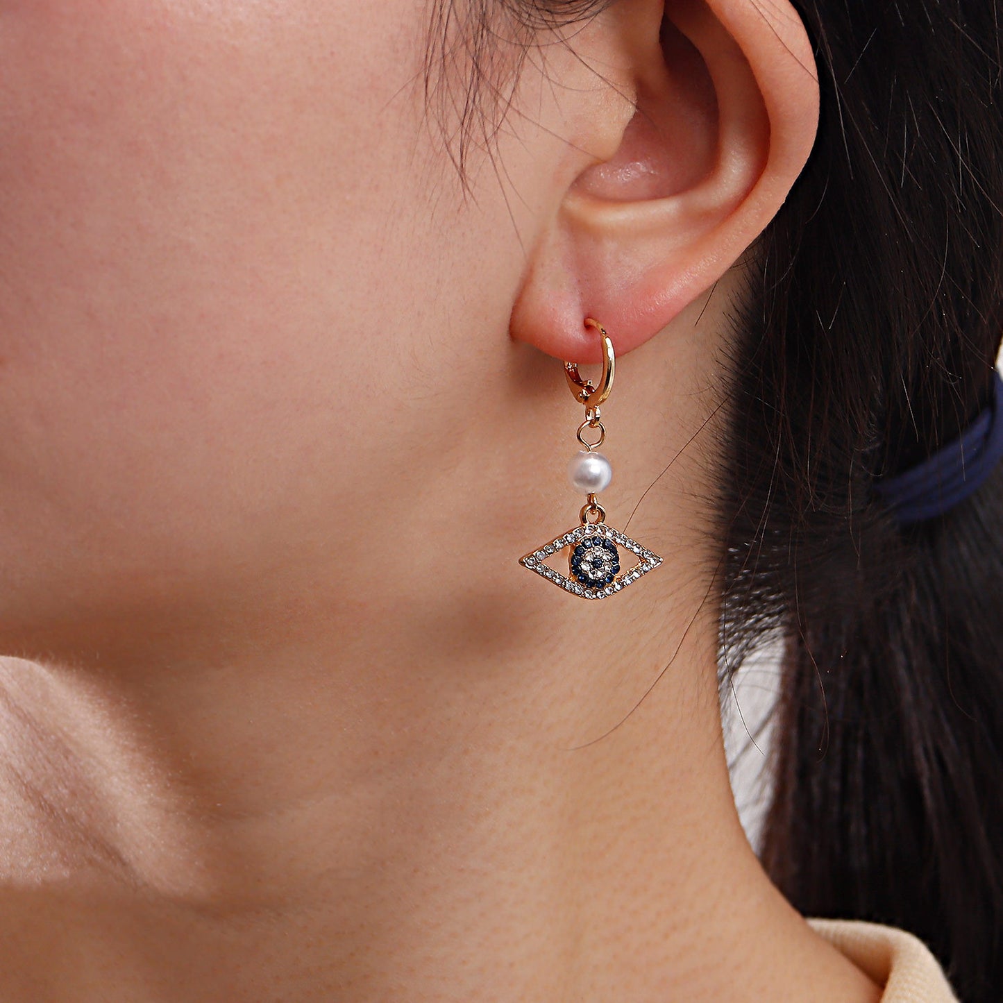 Geometric Blue-Eye Pearl Pendant Earrings for Women with Micro-Pave Rhinestones in Alloy with Plated Finish