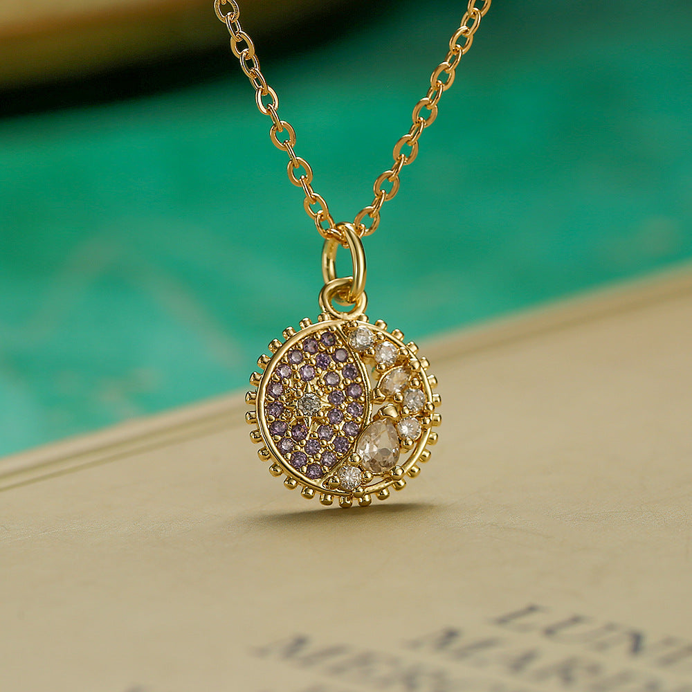Minimalist Star and Moon Pendant Necklace for Women with Gold-Plated Copper Base and Zircon Inlay, Delicate Clavicle Chain