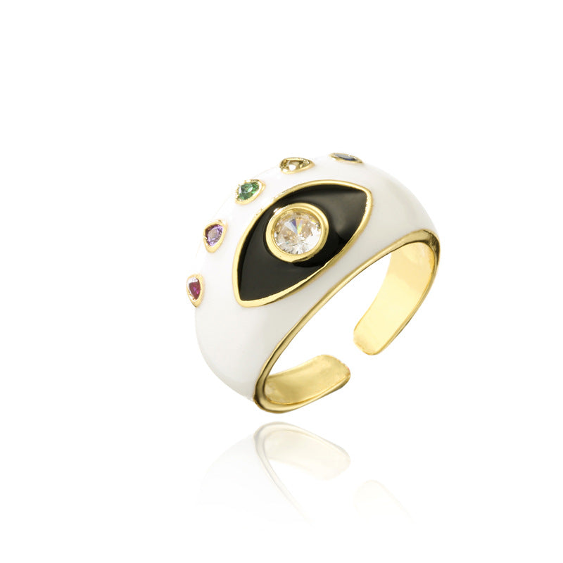 Fashion Geometric Drip Oil Gold Plated Brass Ring with Eye Design for Women