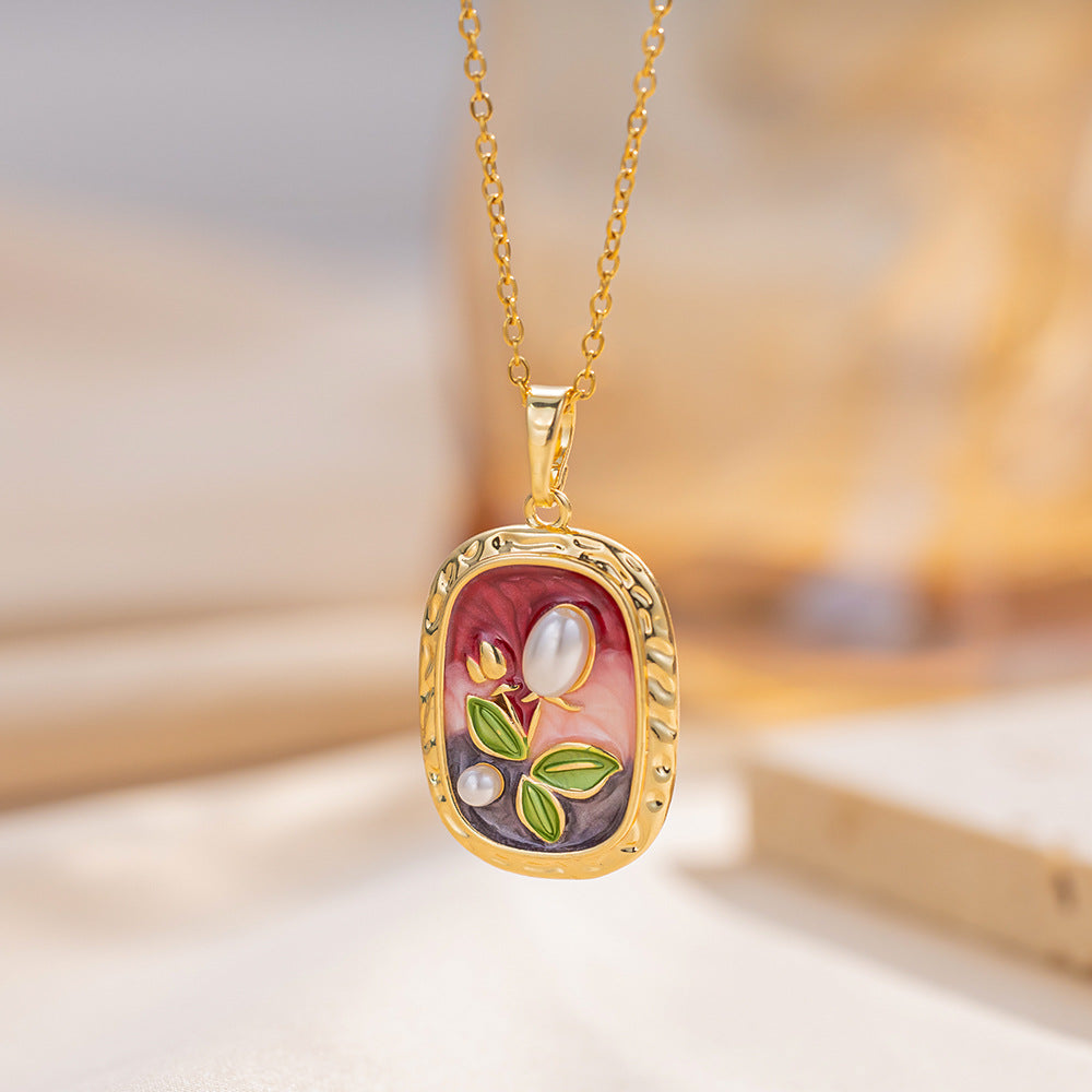Elegant French Vintage Style Floral Pendant Necklace in Titanium Steel with Enamel Finish and O-Chain