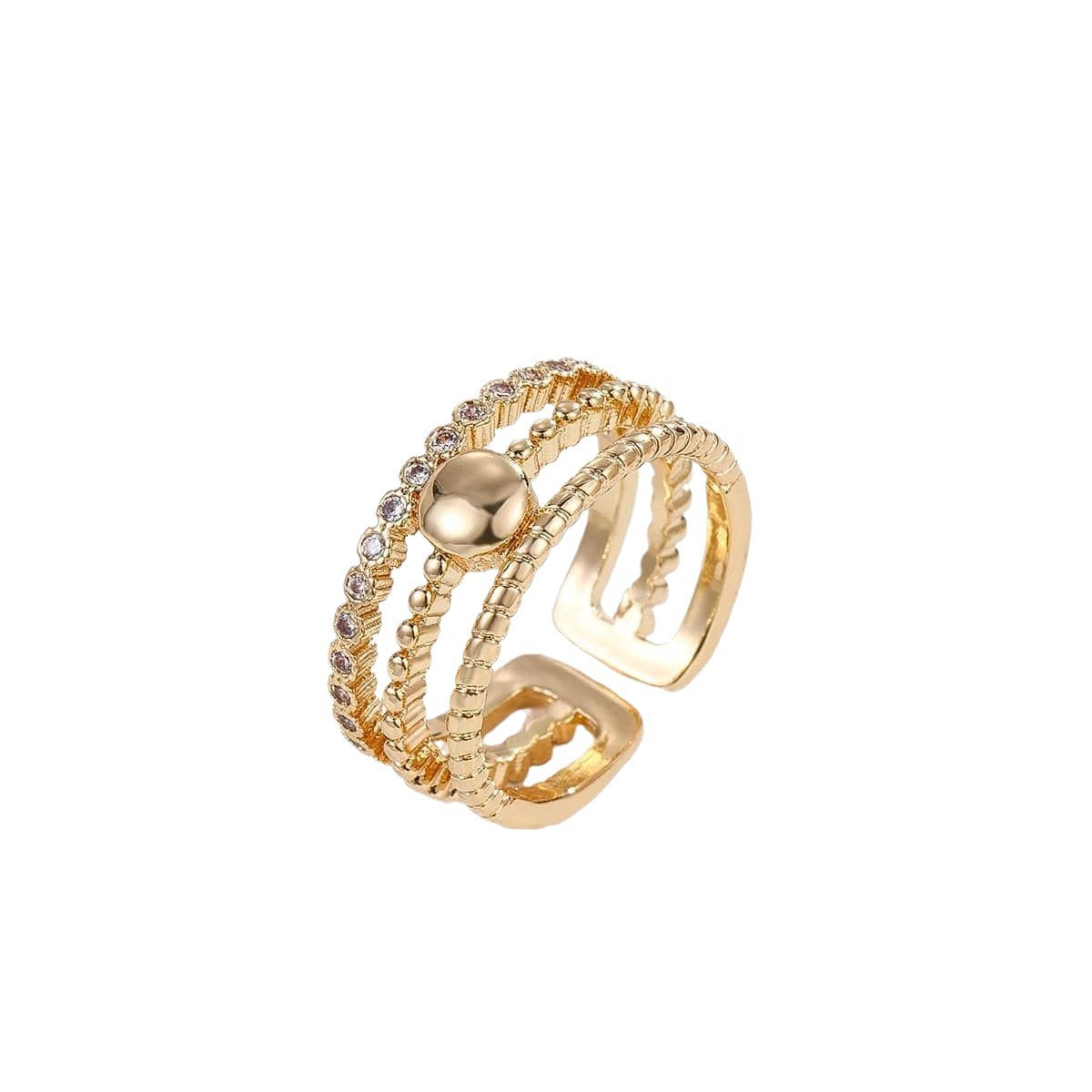 Anillo de cobre geométrico en forma de U estilo OL de moda con incrustaciones de circonitas, banda abierta ajustable para mujer