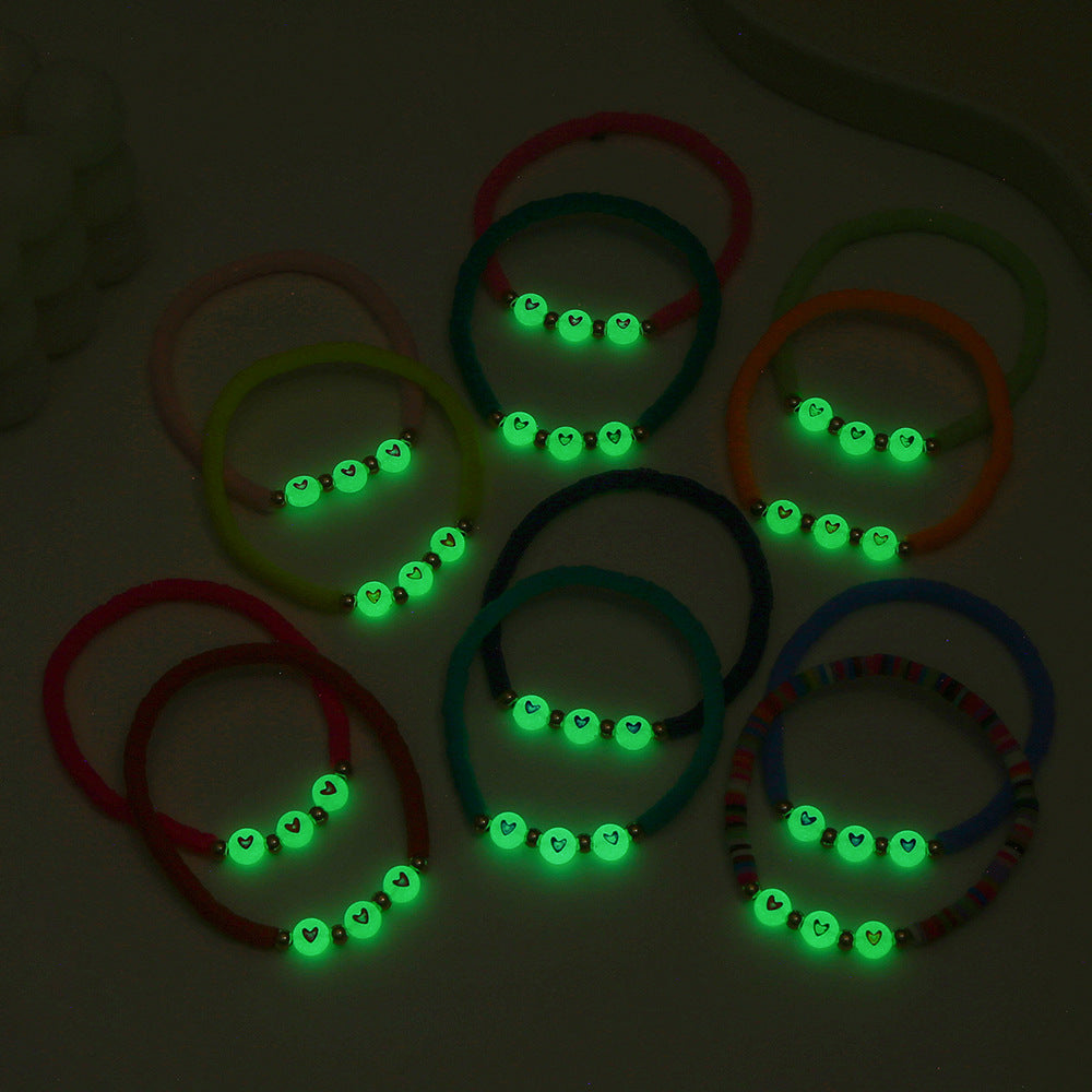 Colorful Glow-in-the-Dark Heart Polymer Clay and Brass Bead Stretch Bracelet with Letter Elements