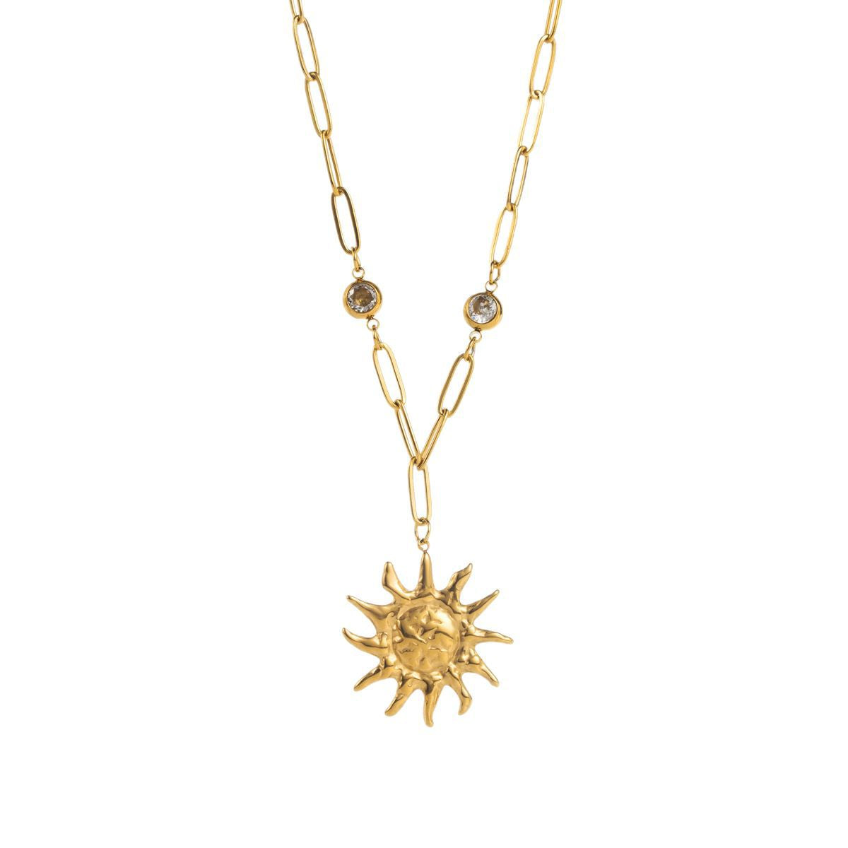 Collar con Colgante de Sol Retro Minimalista para Mujer de Acero Inoxidable con Circonitas y Baño de Oro de 14K
