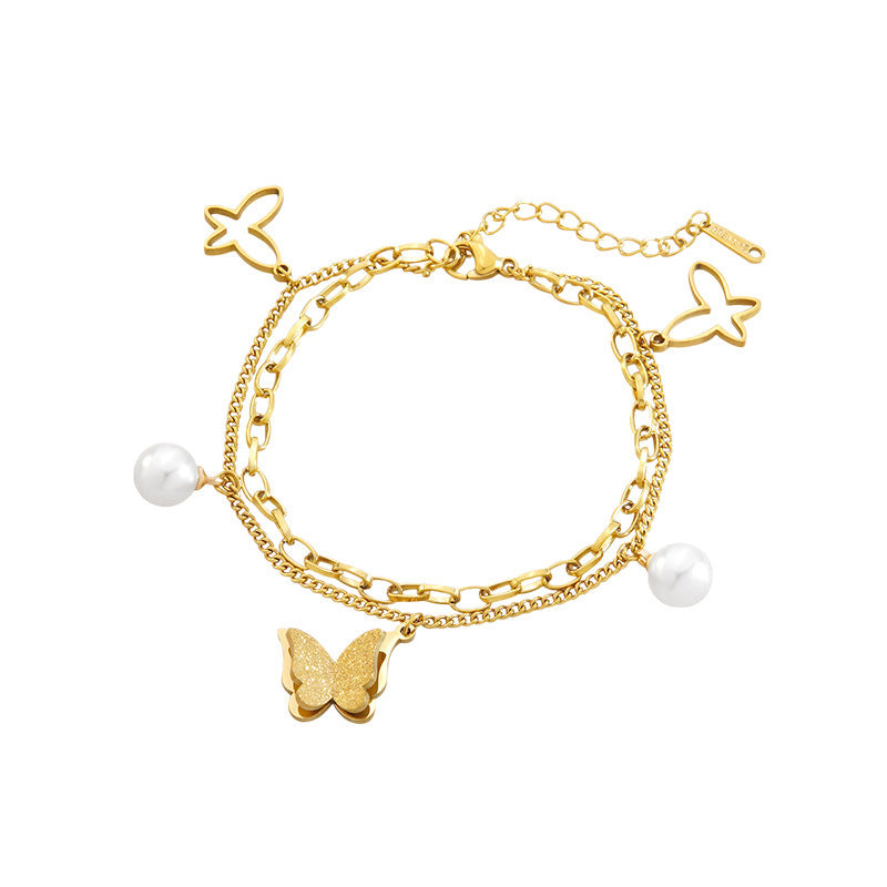 Minimalist Sweet Butterfly Geometric Stainless Steel Plated Bracelet with Pearl Double Layer Design for Women
