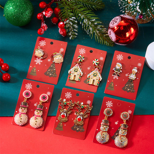 Pendientes creativos de Navidad para mujer con diseño de reno, muñeco de nieve y luces, fabricados en aleación de zinc con acabado galvanizado