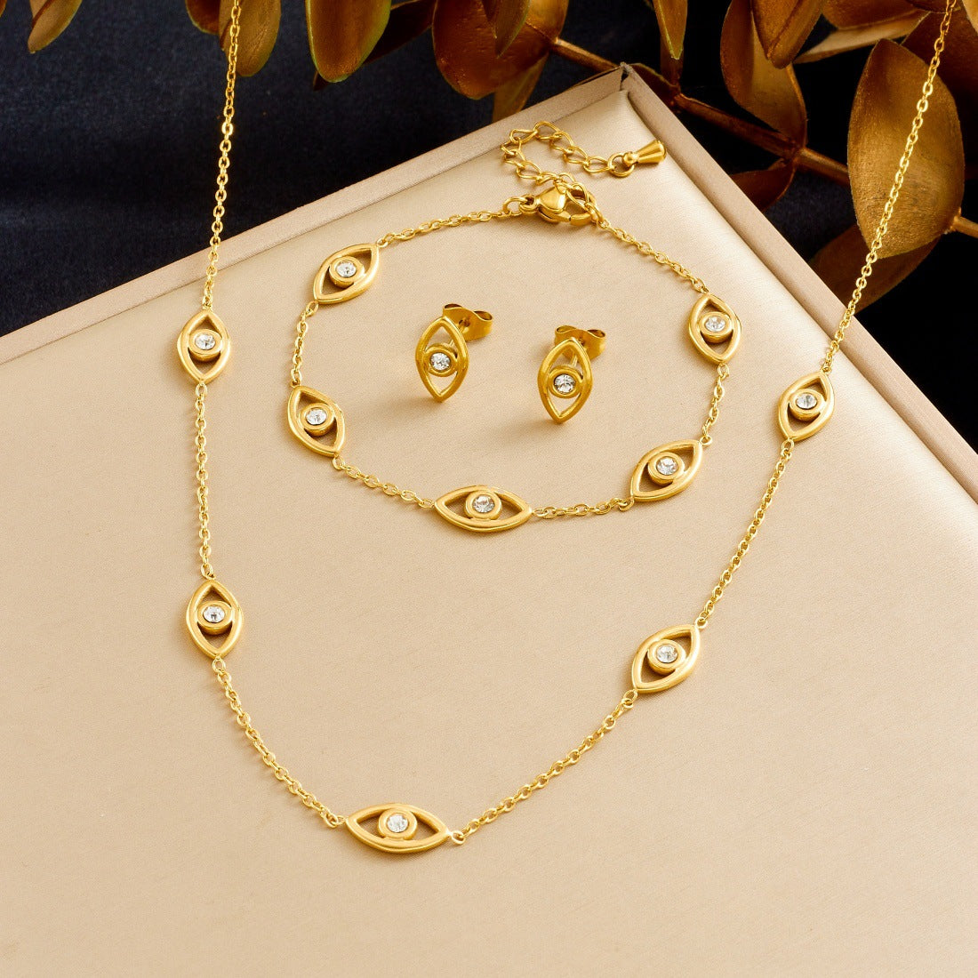 Gold Plated Stainless Steel Evil Eye Rhinestone Pendant Necklace Set for Women