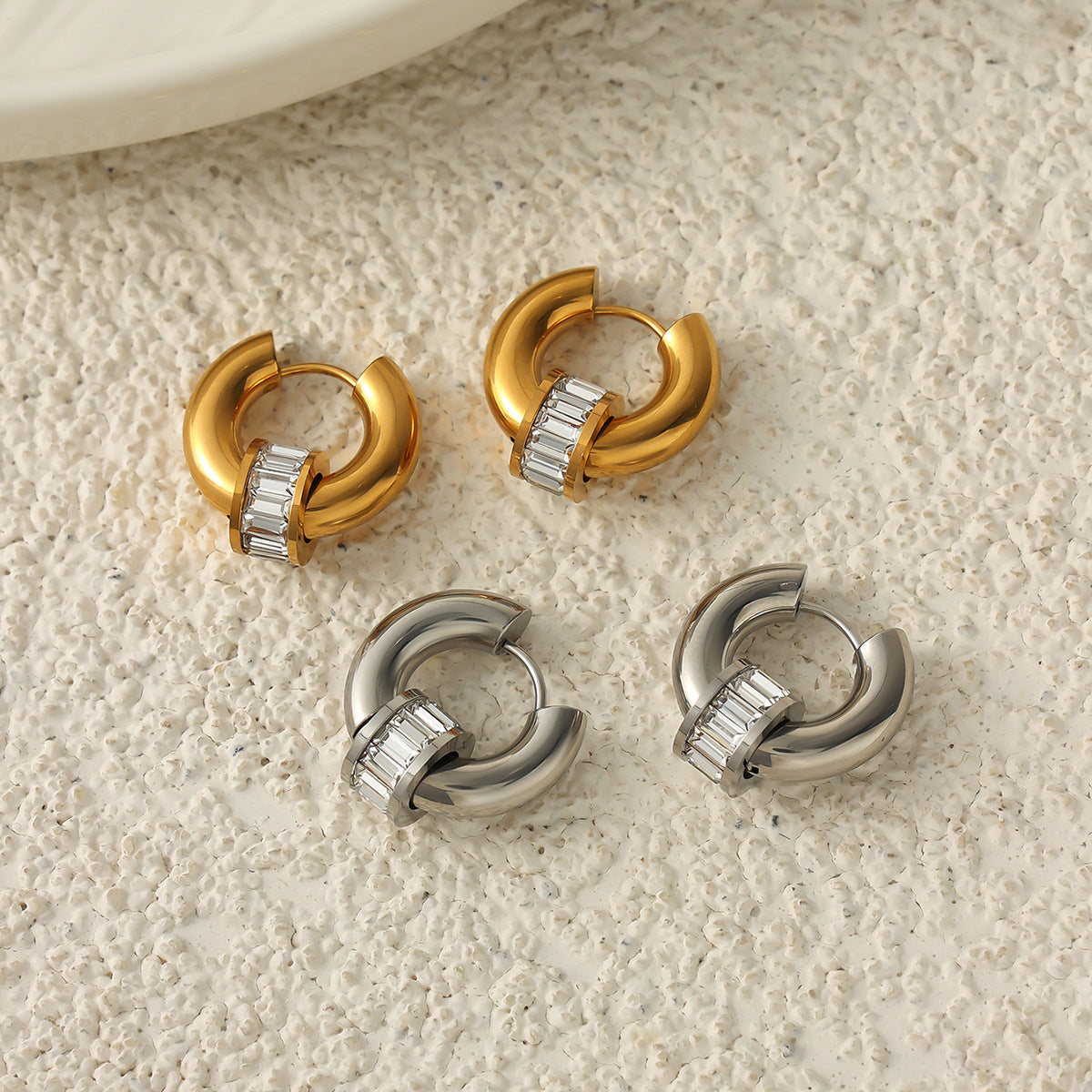 Minimalist Elegant Geometric Round Square Stainless Steel PVD Plated Cubic Zirconia Inlay Earrings for Women