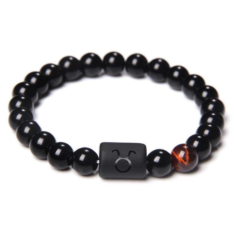 Unisex Adjustable 8mm White Crystal Tiger Eye Obsidian Zodiac Beaded Bracelet