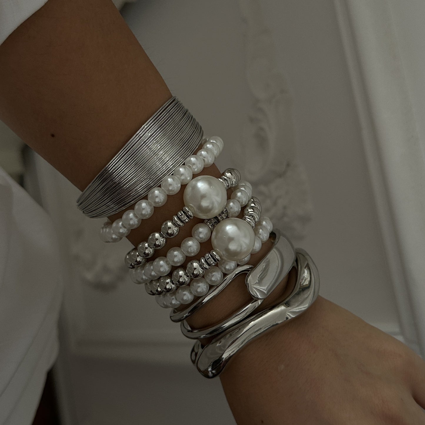 Bold Geometric Round Faux Pearl Plated Rhinestone Multi-Layer Open Cuff Bracelet for Women